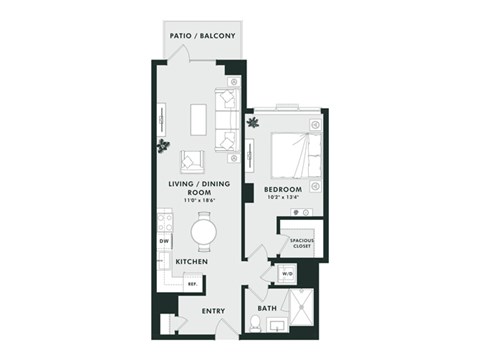 Floor plan for 1 bed, 1 bath, 746 sqft
